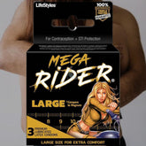 The image depicts a box of LifeStyles 'Mega Rider' Large Condoms, containing 3 premium lubricated latex condoms. The packaging features an illustration of a blonde woman riding a motorcycle and highlights the "large size for extra comfort and sensitivity," while also claiming to offer contraception and STI protection.